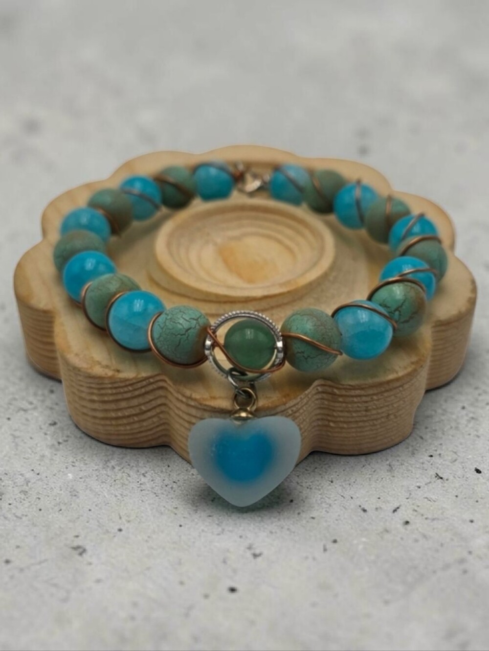 Handmade Wire-Wrapped Blue Heart Beaded Bracelet Boho Jewelry Gift